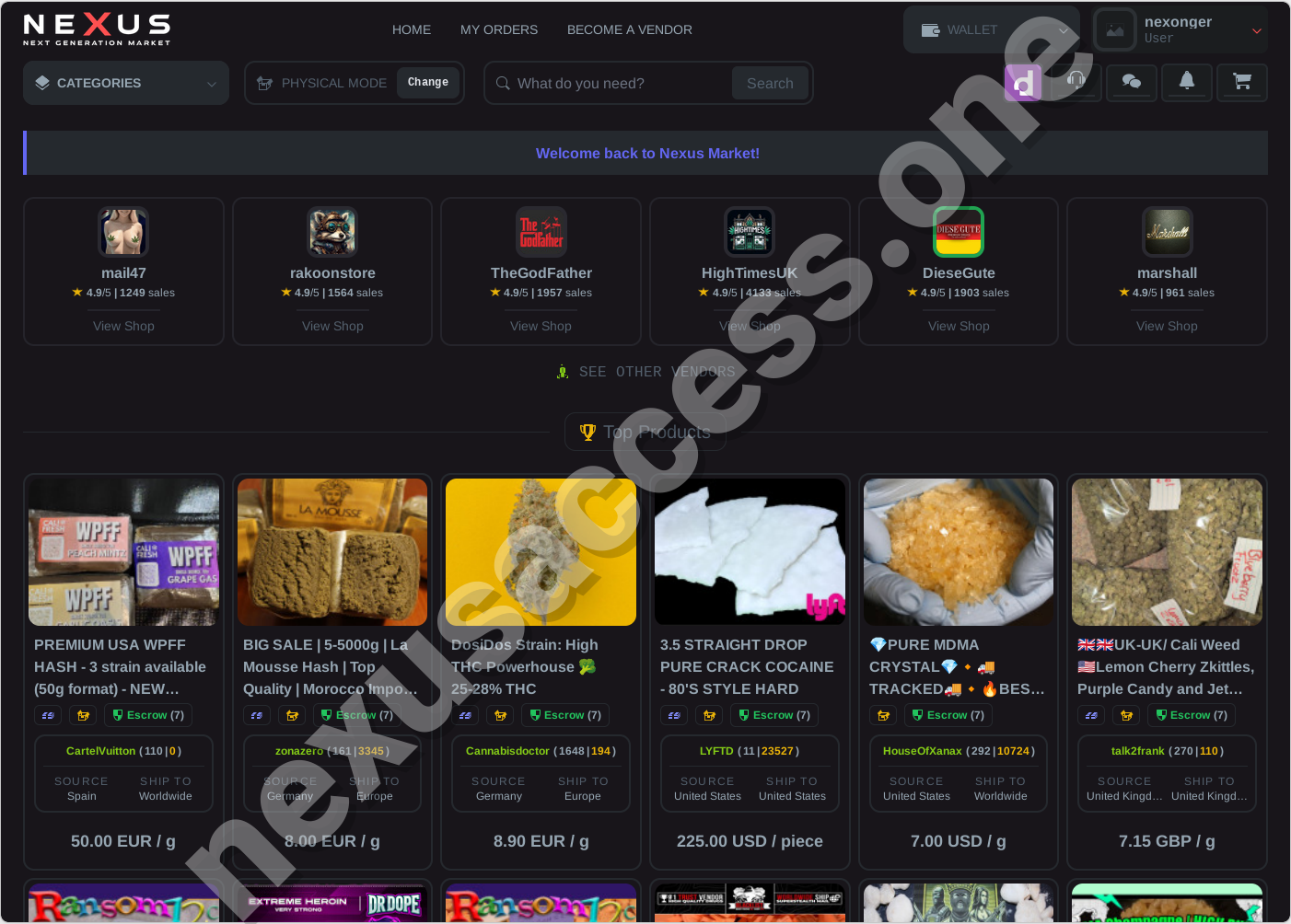 Nexus marketplace dashboard — main view after Nexus market link login